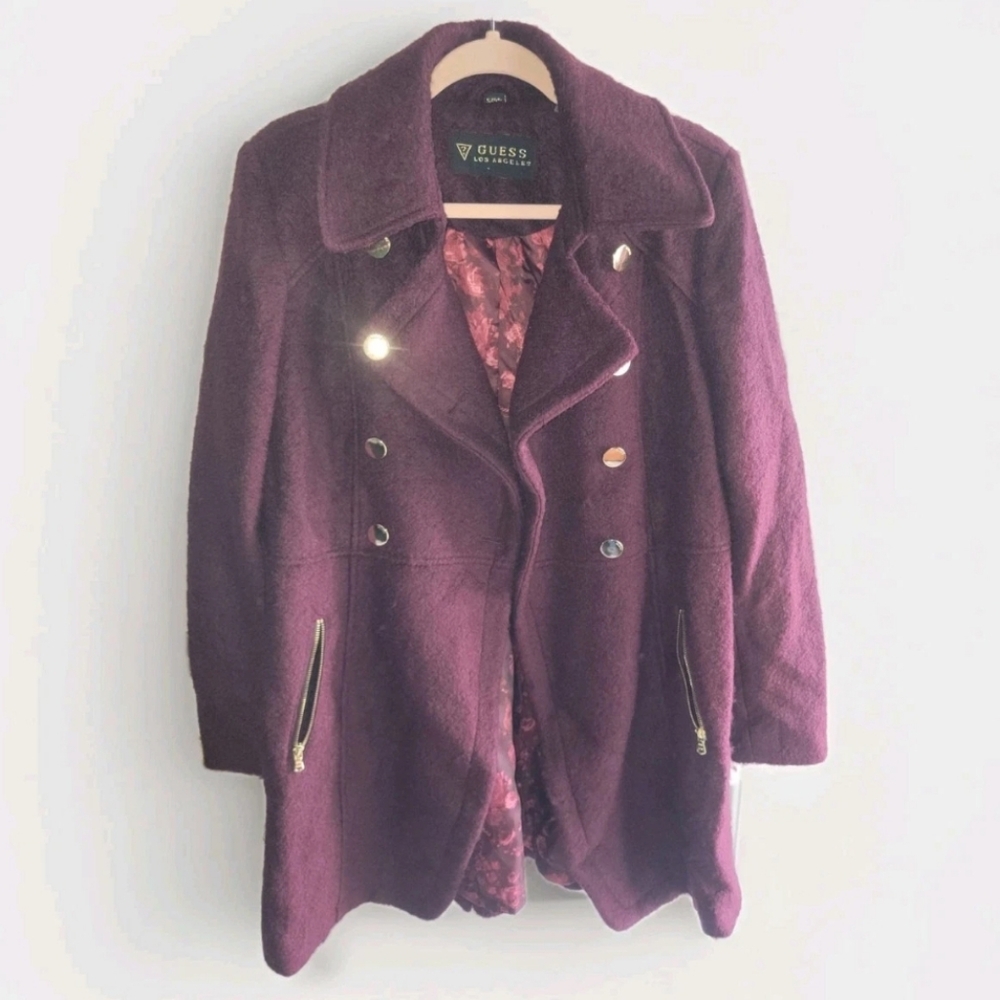 Guess LA Wool Coat Women's XL Maroon Wine Winter Heavy